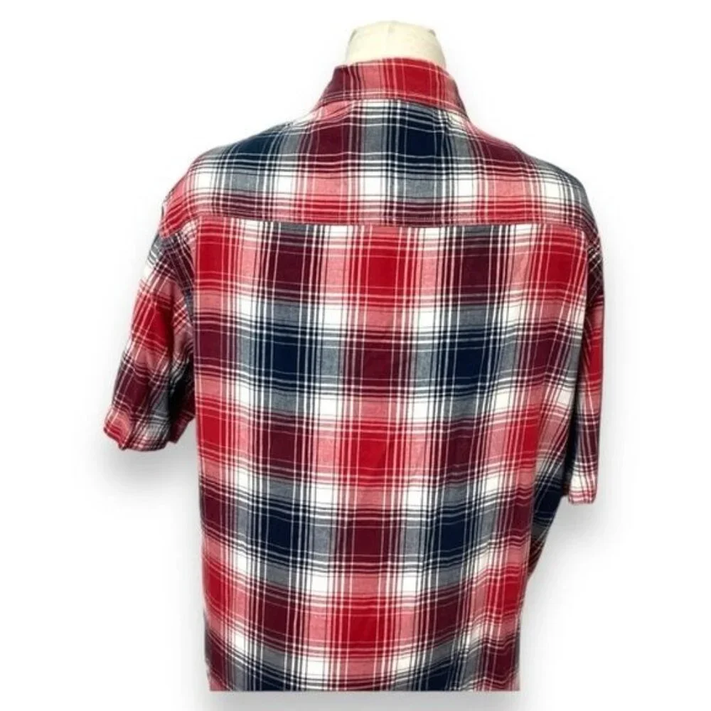 Mens Cactus Madras Plaid Short Sleeve Button-Up Shirt XXL Red & Blue Cotton